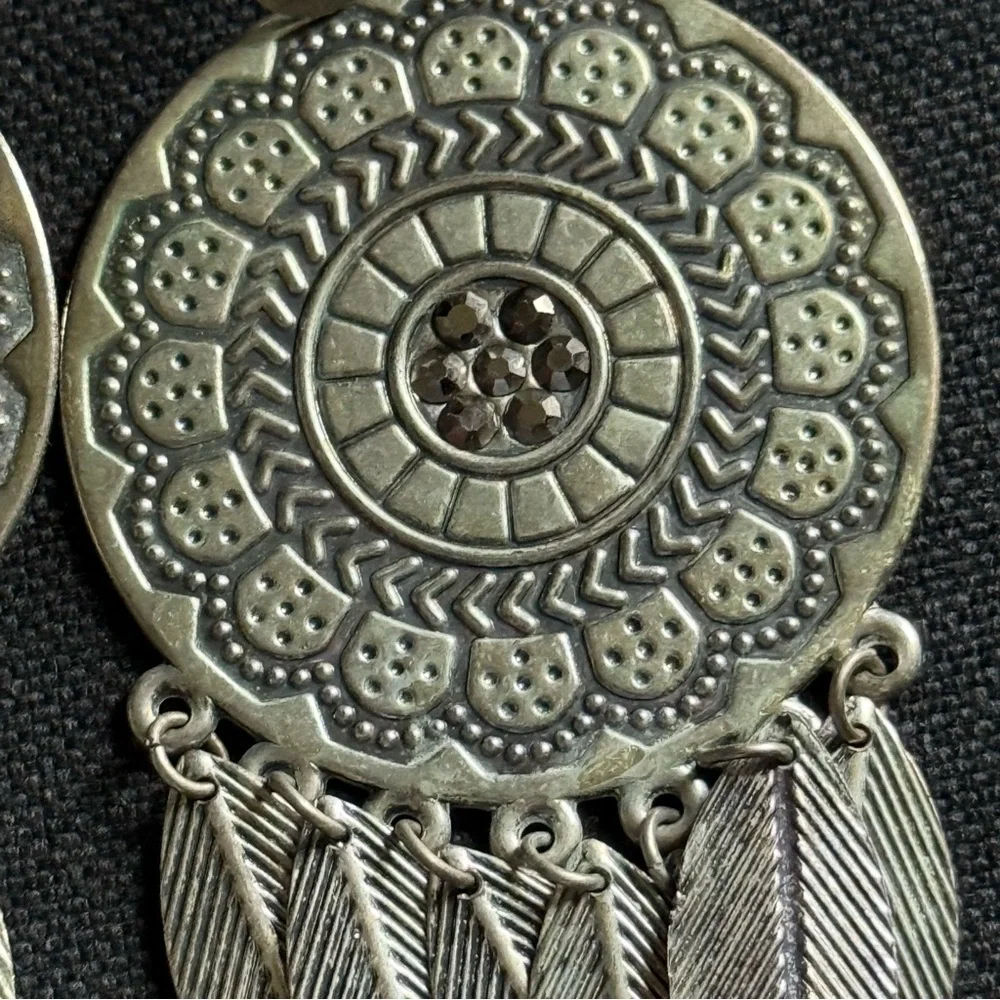 Medallion and Feather Dangle Earrings in Silver Tone